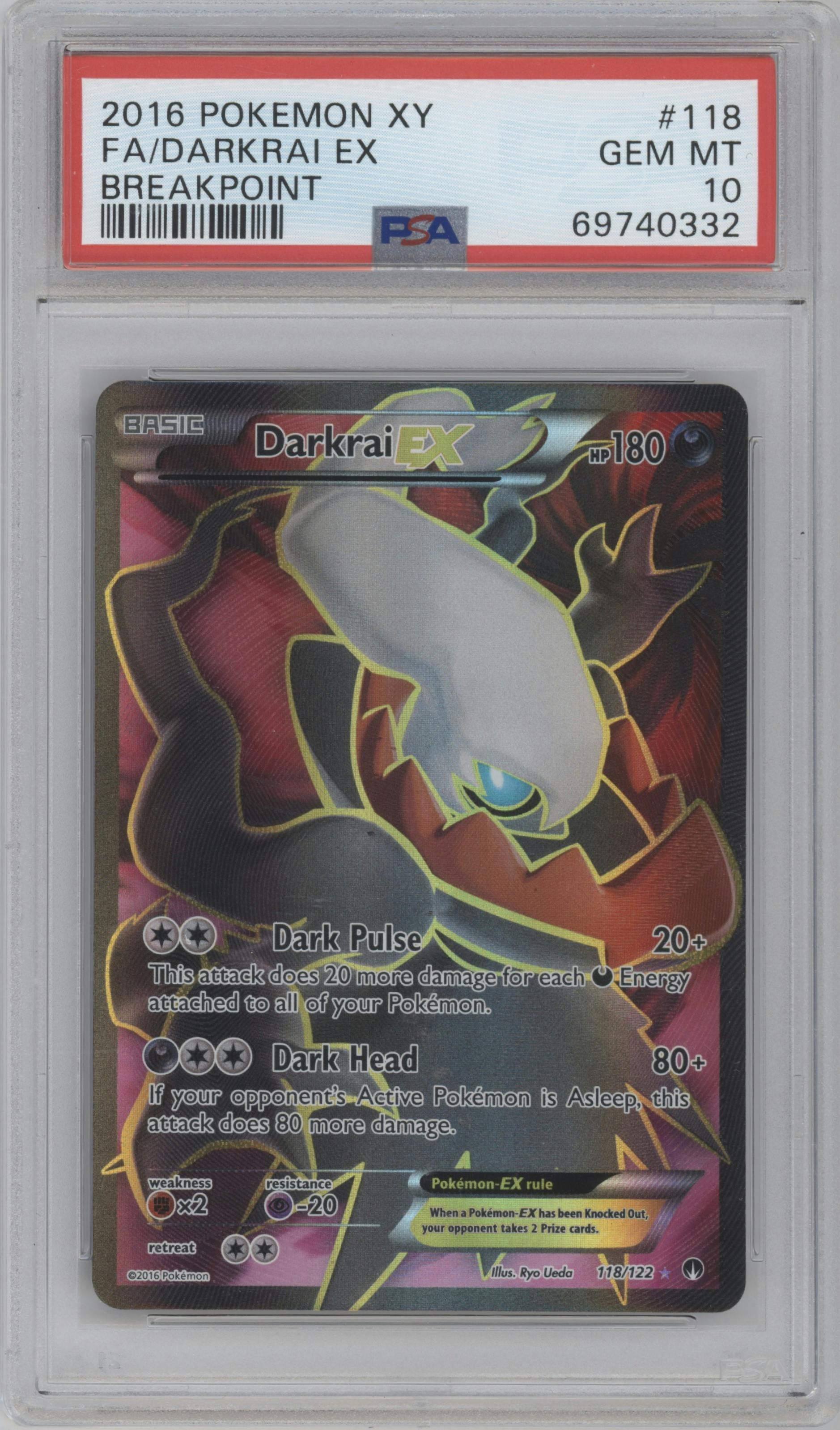 Darkrai EX from the 2016 Pokemon XY set graded by PSA and given an overall grade of 10.