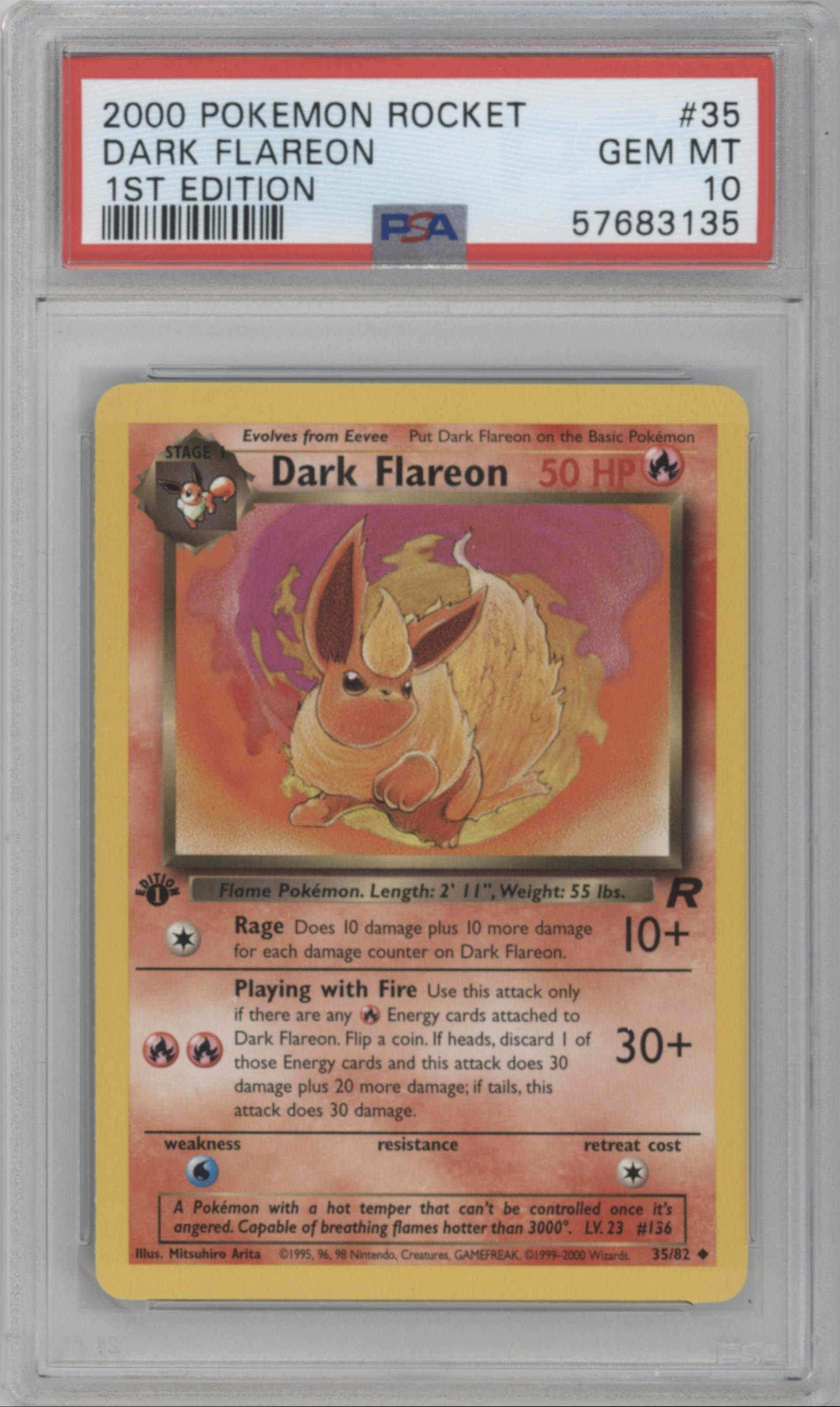 Dark Flareon from the 2000 Pokemon set graded by PSA and given an overall grade of 10.