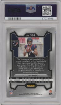 C.J. Stroud from the 2023 Panini Prizm set graded by PSA and given an overall grade of 10.