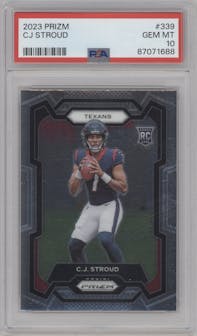 C.J. Stroud from the 2023 Panini Prizm set graded by PSA and given an overall grade of 10.