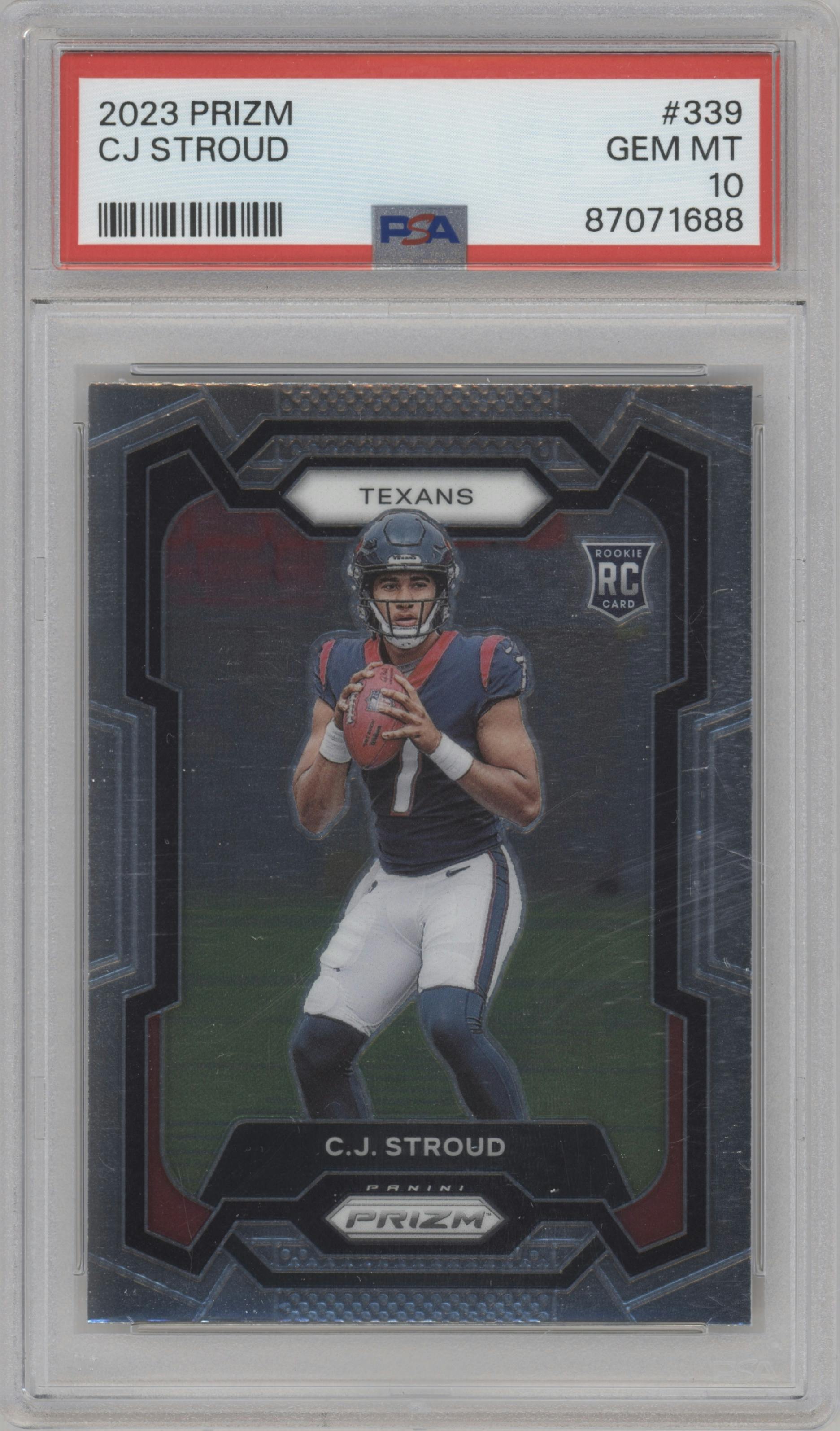 C.J. Stroud from the 2023 Panini Prizm set graded by PSA and given an overall grade of 10.