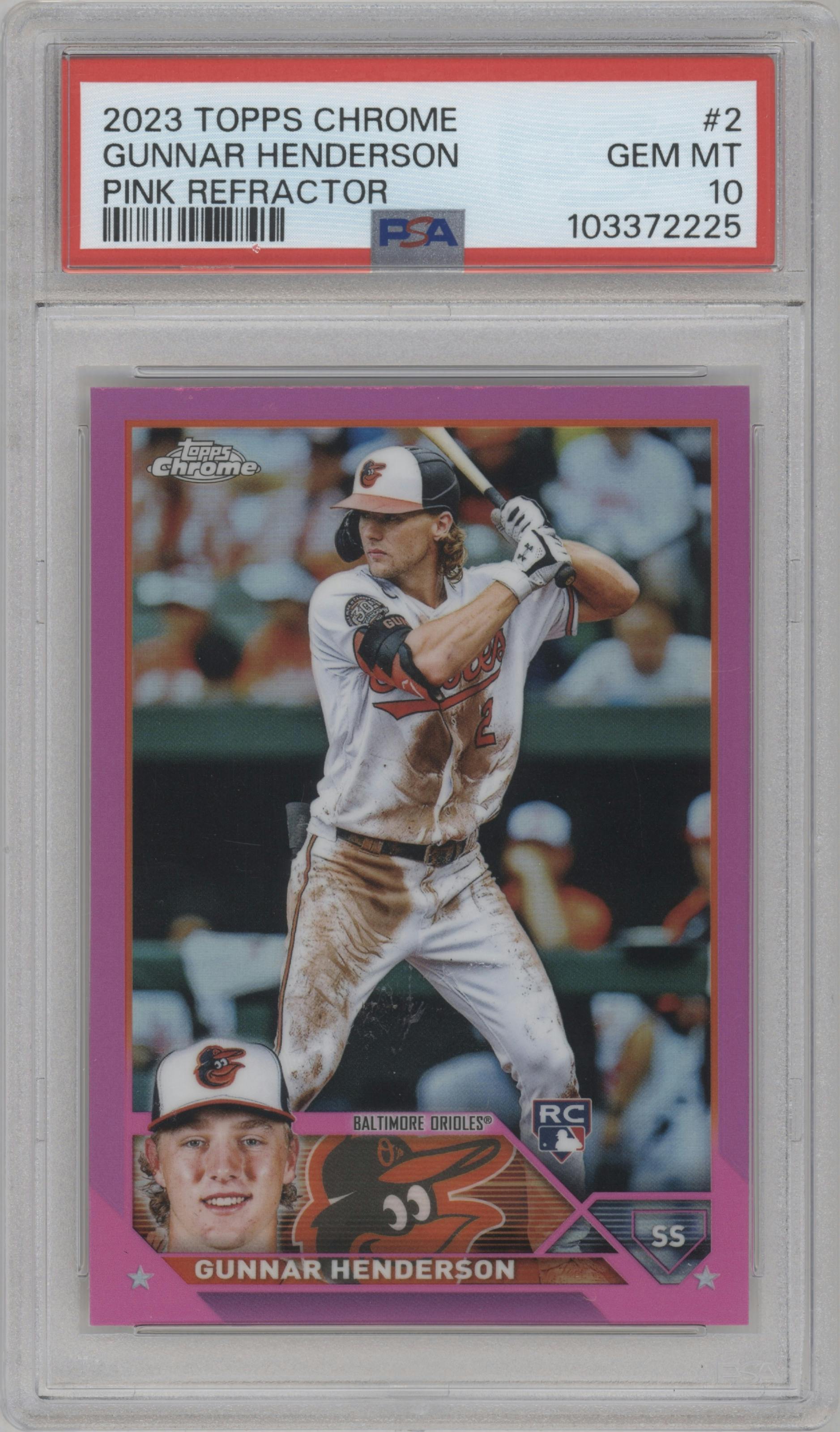 Gunnar Henderson from the 2023 Topps Chrome set featuring a Pink Refractor parallel graded by PSA and given an overall grade of 10.