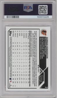 Gunnar Henderson from the 2023 Topps Chrome set featuring a Pink Refractor parallel graded by PSA and given an overall grade of 10.