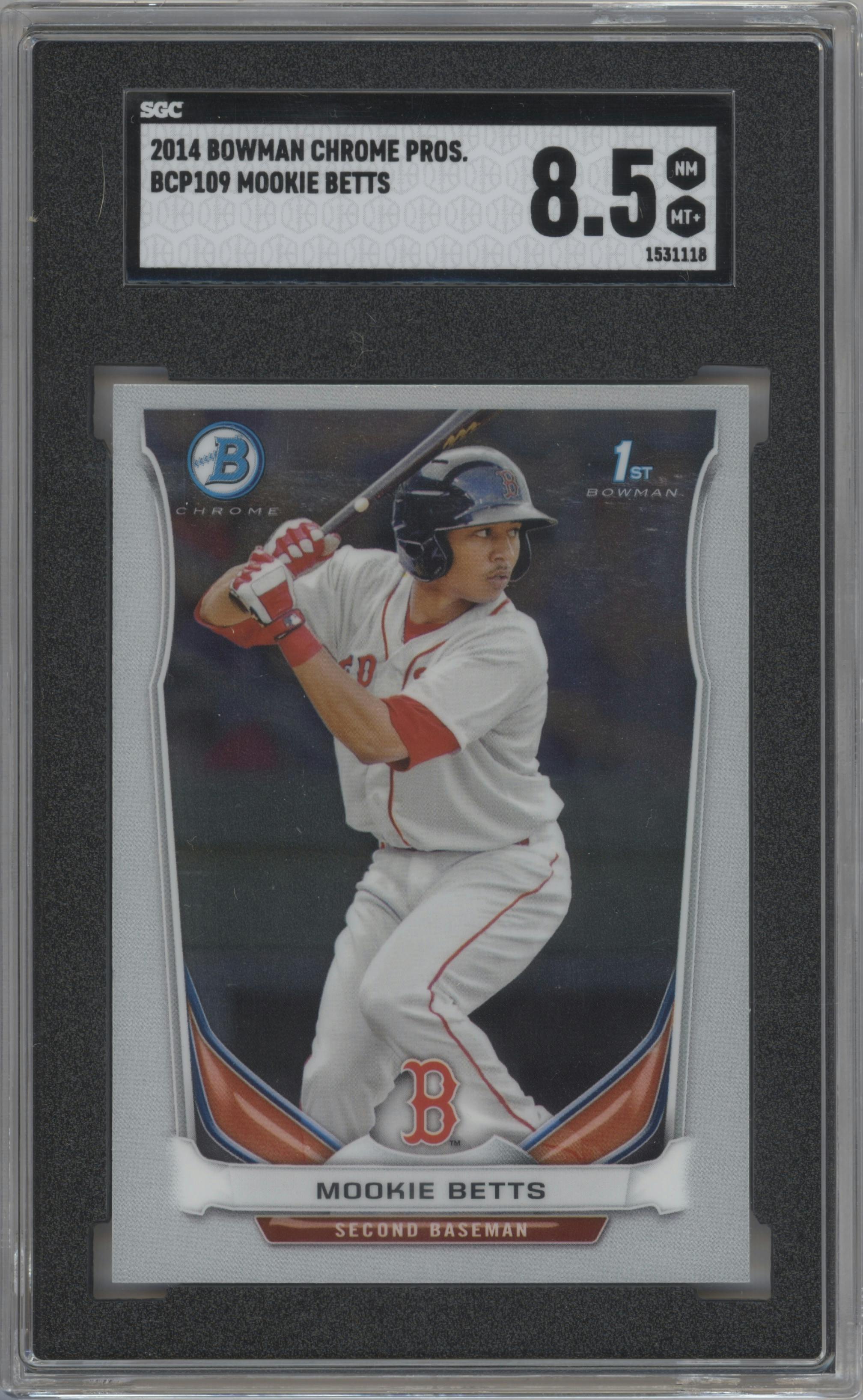 Mookie Betts from the 2014 Bowman set graded by SGC and given an overall grade of 8.5.