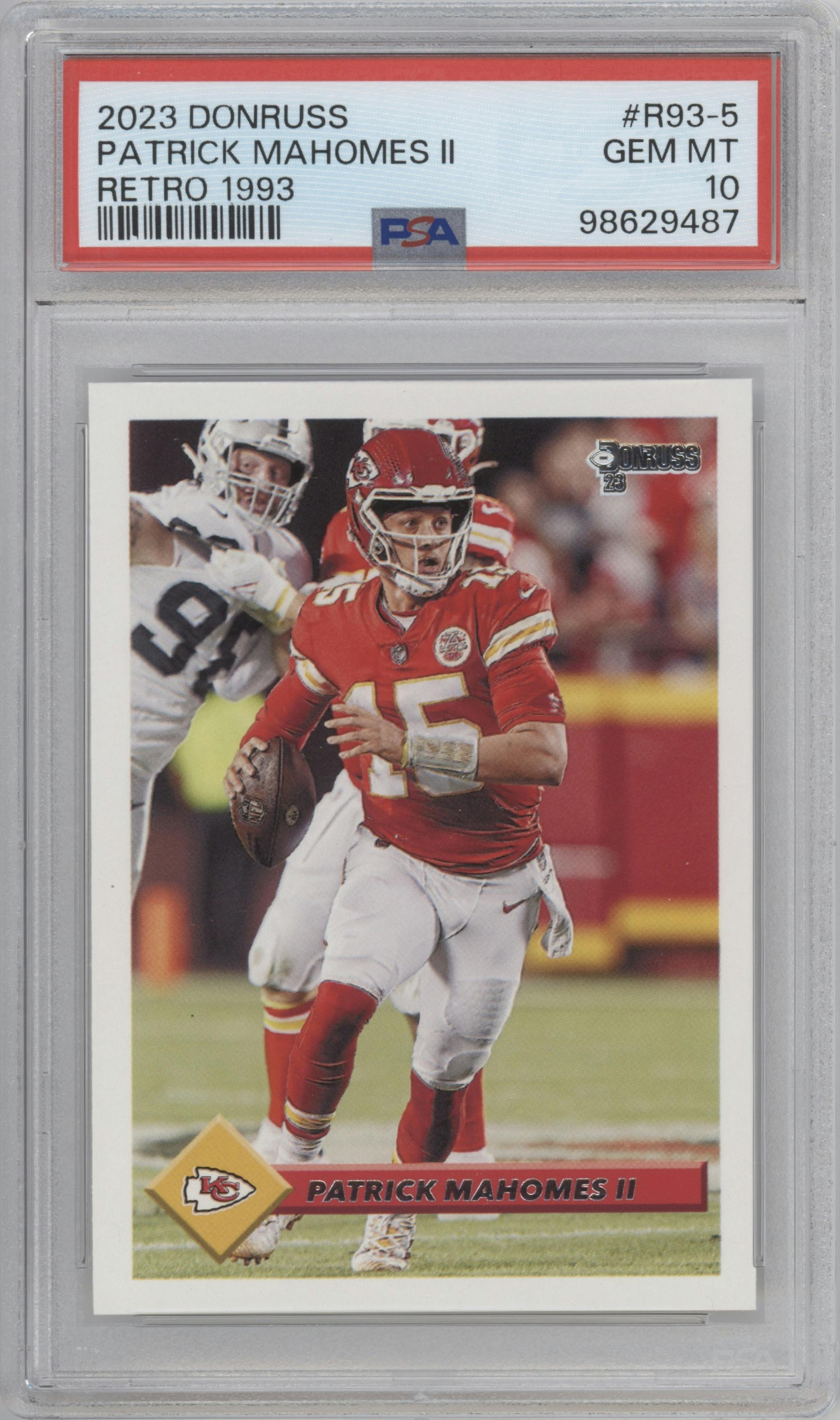 Patrick Mahomes II from the 2023 Panini Donruss set graded by PSA and given an overall grade of 10.