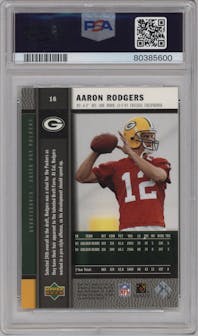 Aaron Rodgers from the 2005 Upper Deck Rookie Premiere set graded by PSA and given an overall grade of 8.