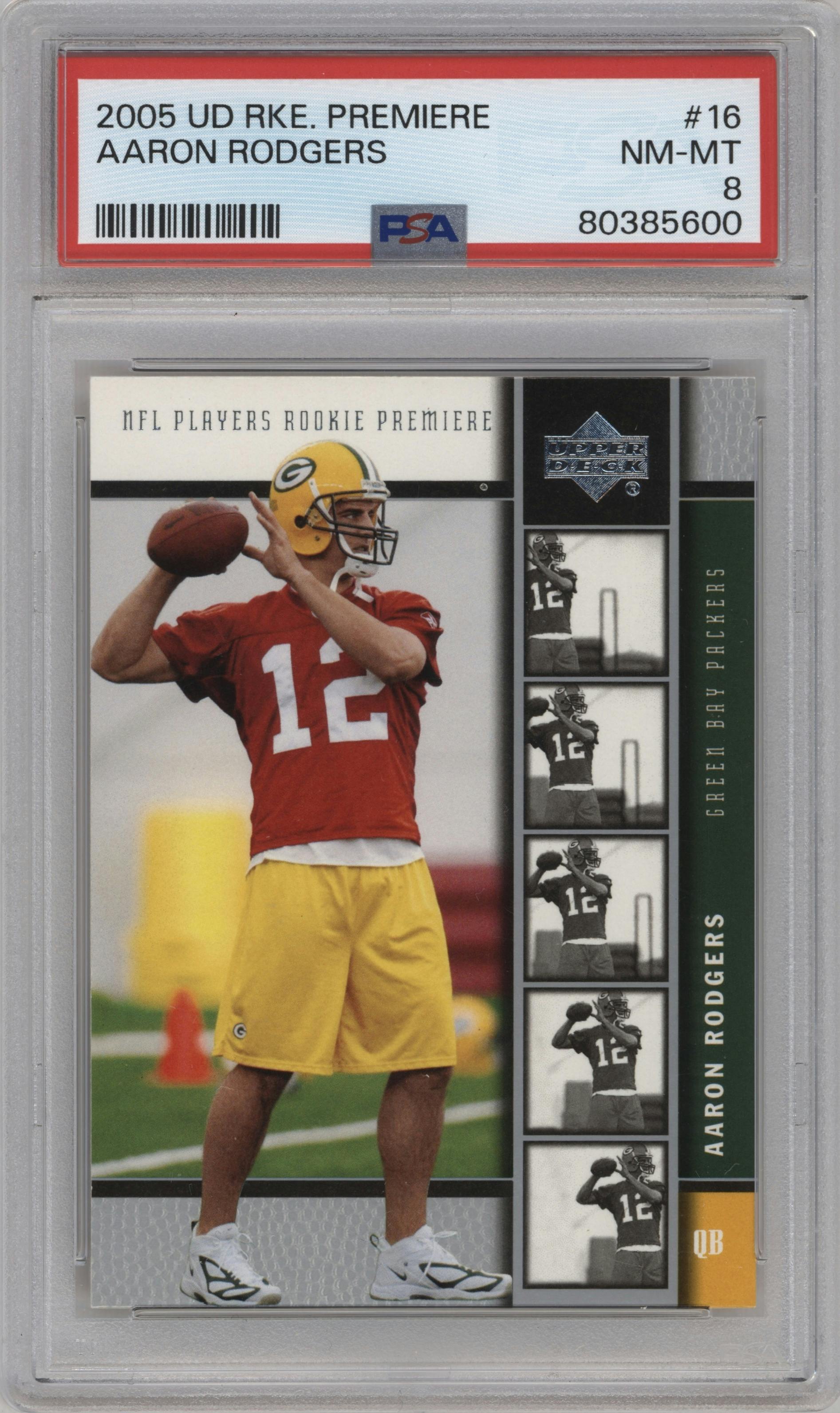 Aaron Rodgers from the 2005 Upper Deck Rookie Premiere set graded by PSA and given an overall grade of 8.
