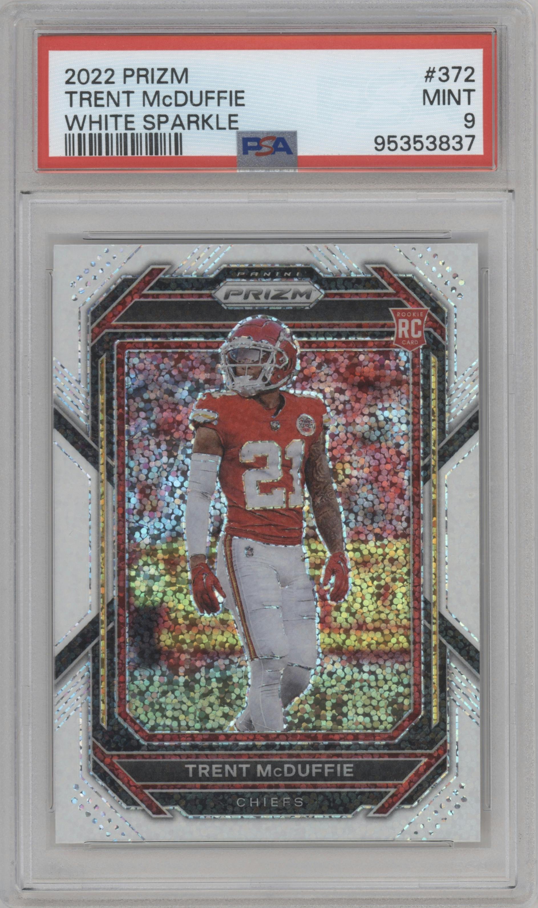 Trent McDuffie from the 2022 Panini Prizm set featuring a White Sparkle parallel graded by PSA and given an overall grade of 9.