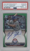 Wyatt Langford from the 2023 Bowman Draft set featuring a Green Refractor parallel graded by PSA and given an overall grade of 10.