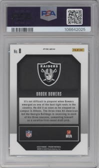 Brock Bowers from the 2024 Panini Prizm set featuring a Green Wave parallel graded by PSA and given an overall grade of 10.