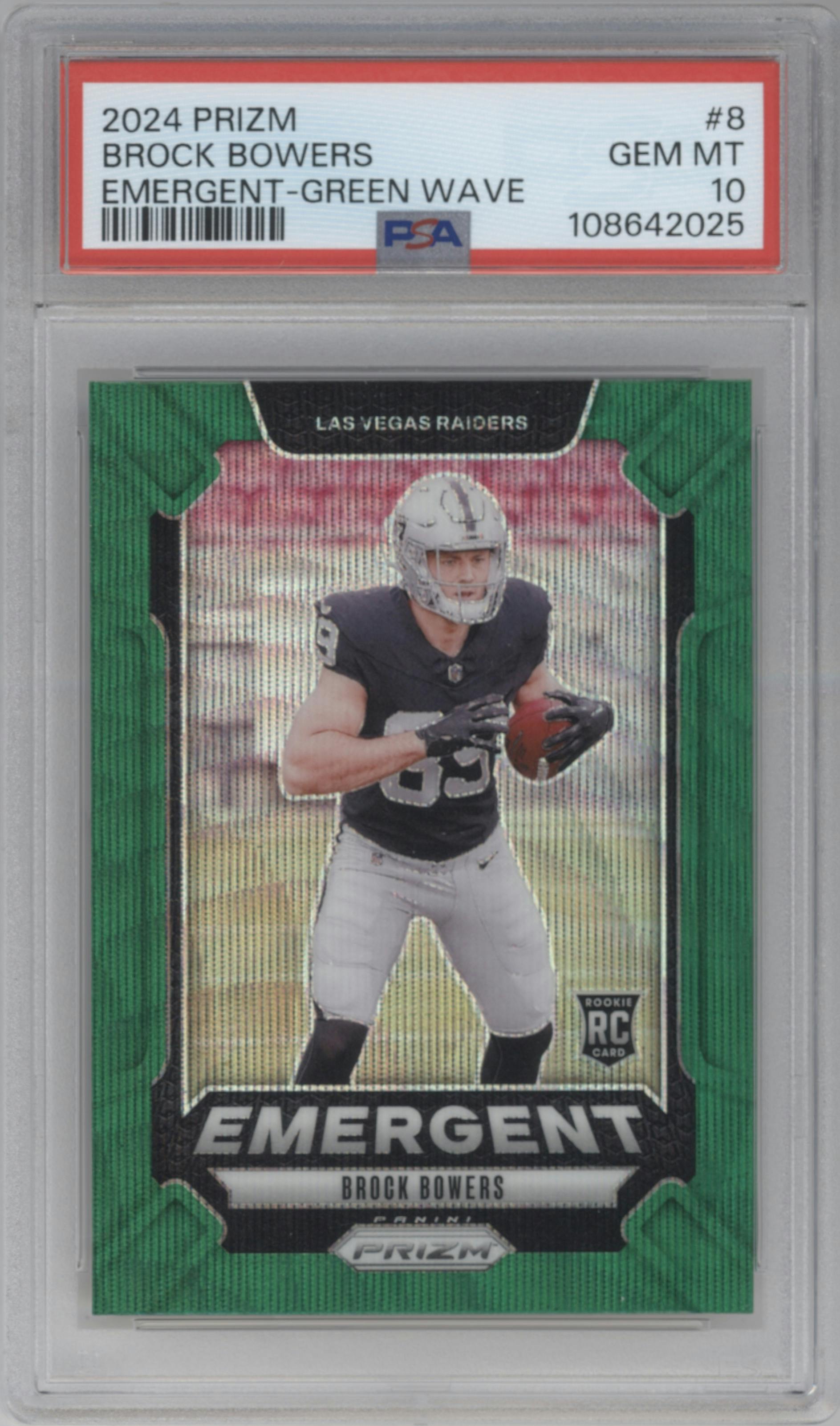 Brock Bowers from the 2024 Panini Prizm set featuring a Green Wave parallel graded by PSA and given an overall grade of 10.