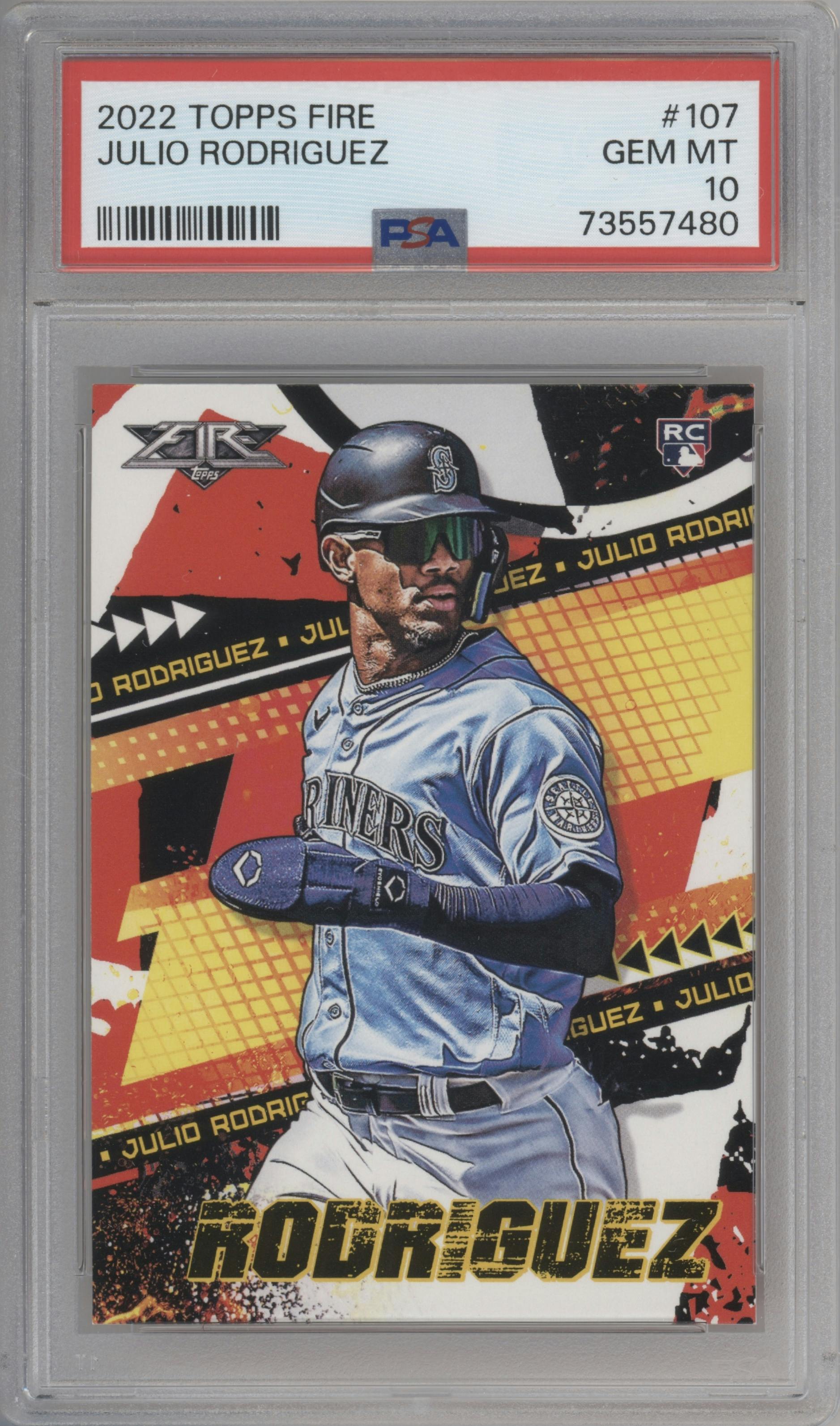 Julio Rodriguez from the 2022 Topps Fire  set graded by PSA and given an overall grade of 10.