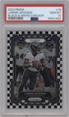 Lamar Jackson from the 2023 Panini Prizm set featuring a Black/White Checker parallel graded by PSA and given an overall grade of 10.