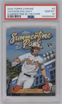 Jackson Holliday from the 2024 Topps Chrome set graded by PSA and given an overall grade of 10.