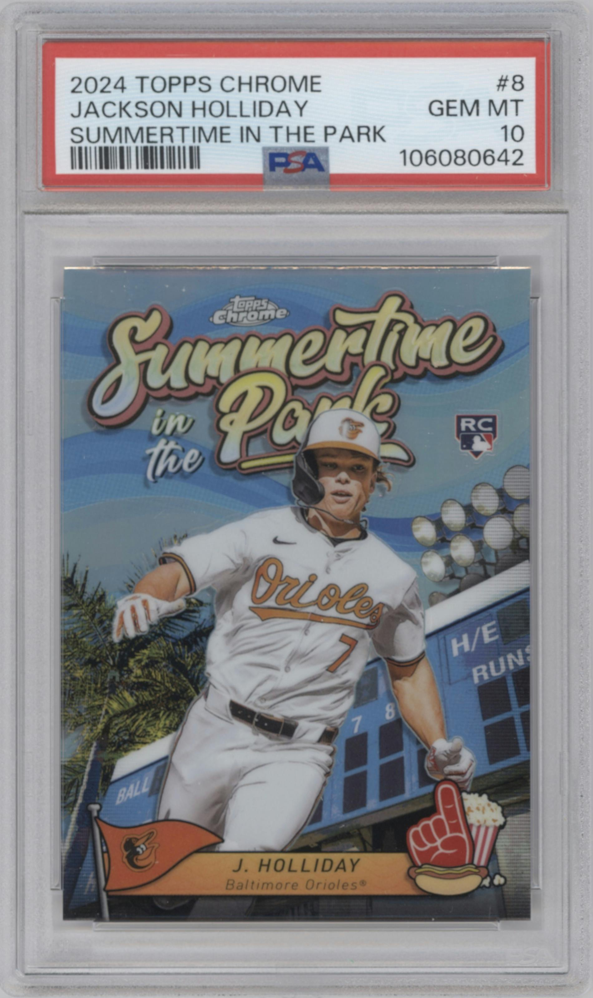 Jackson Holliday from the 2024 Topps Chrome set graded by PSA and given an overall grade of 10.