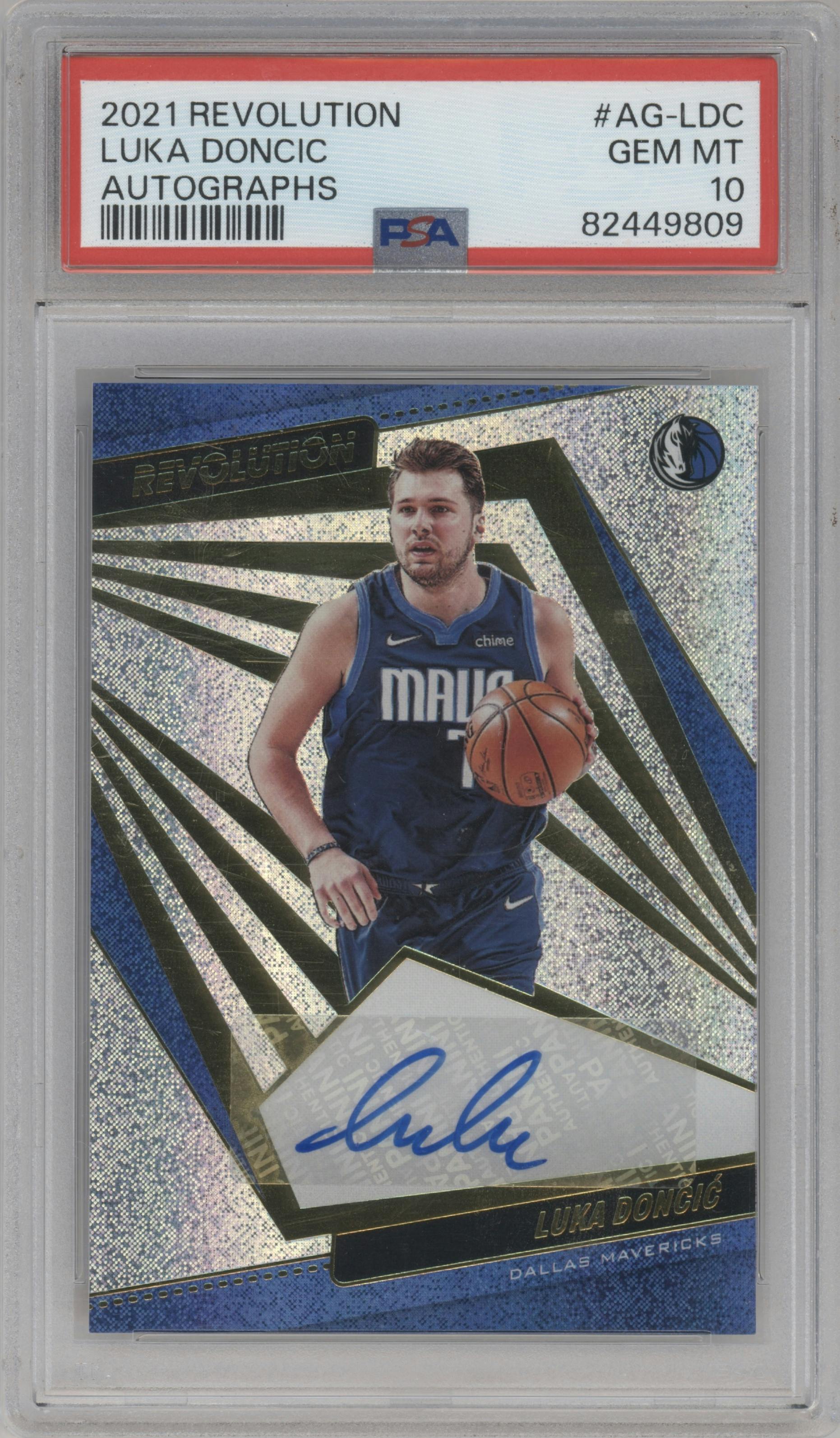 Luka Doncic from the 2021-22 Panini Revolution  set graded by PSA and given an overall grade of 10.