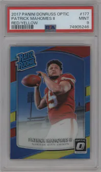 Patrick Mahomes II from the 2017 Panini Donruss Optic set featuring a Red/Yellow parallel graded by PSA and given an overall grade of 9.