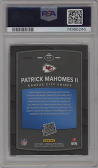 Patrick Mahomes II from the 2017 Panini Donruss Optic set featuring a Red/Yellow parallel graded by PSA and given an overall grade of 9.