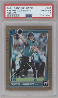 Trevor Lawrence from the 2021 Panini Donruss Optic set featuring a Bronze parallel graded by PSA and given an overall grade of 10.