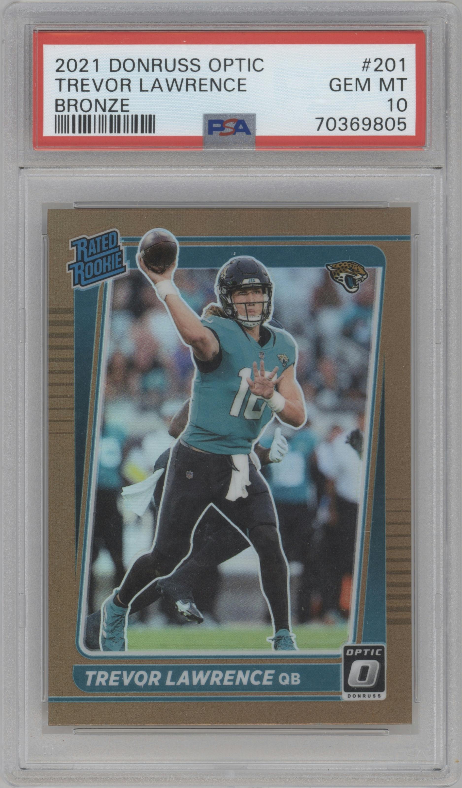 Trevor Lawrence from the 2021 Panini Donruss Optic set featuring a Bronze parallel graded by PSA and given an overall grade of 10.