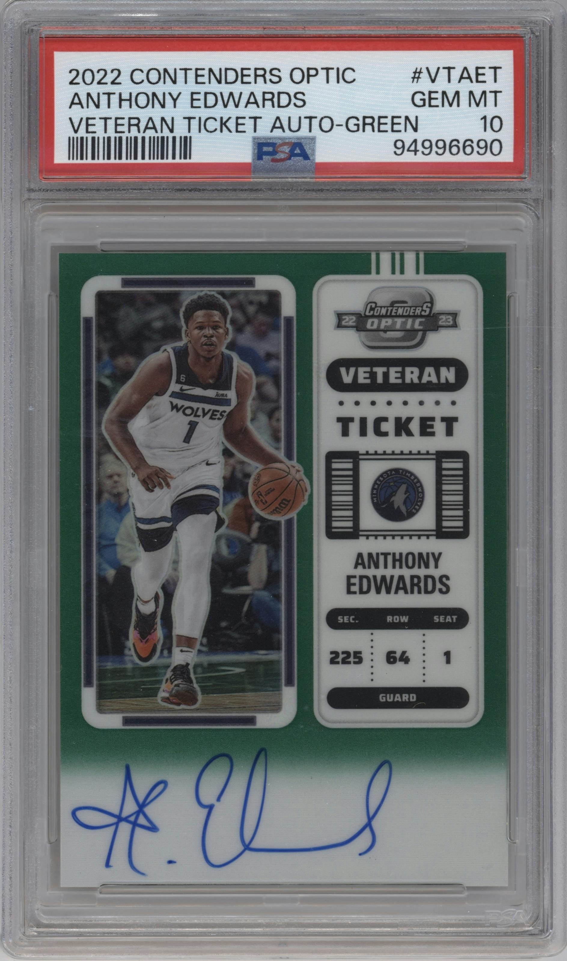 Anthony Edwards from the 2022-23 Panini Contenders Optic set featuring a Green parallel graded by PSA and given an overall grade of 10.