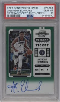 Anthony Edwards from the 2022-23 Panini Contenders Optic set featuring a Green parallel graded by PSA and given an overall grade of 10.