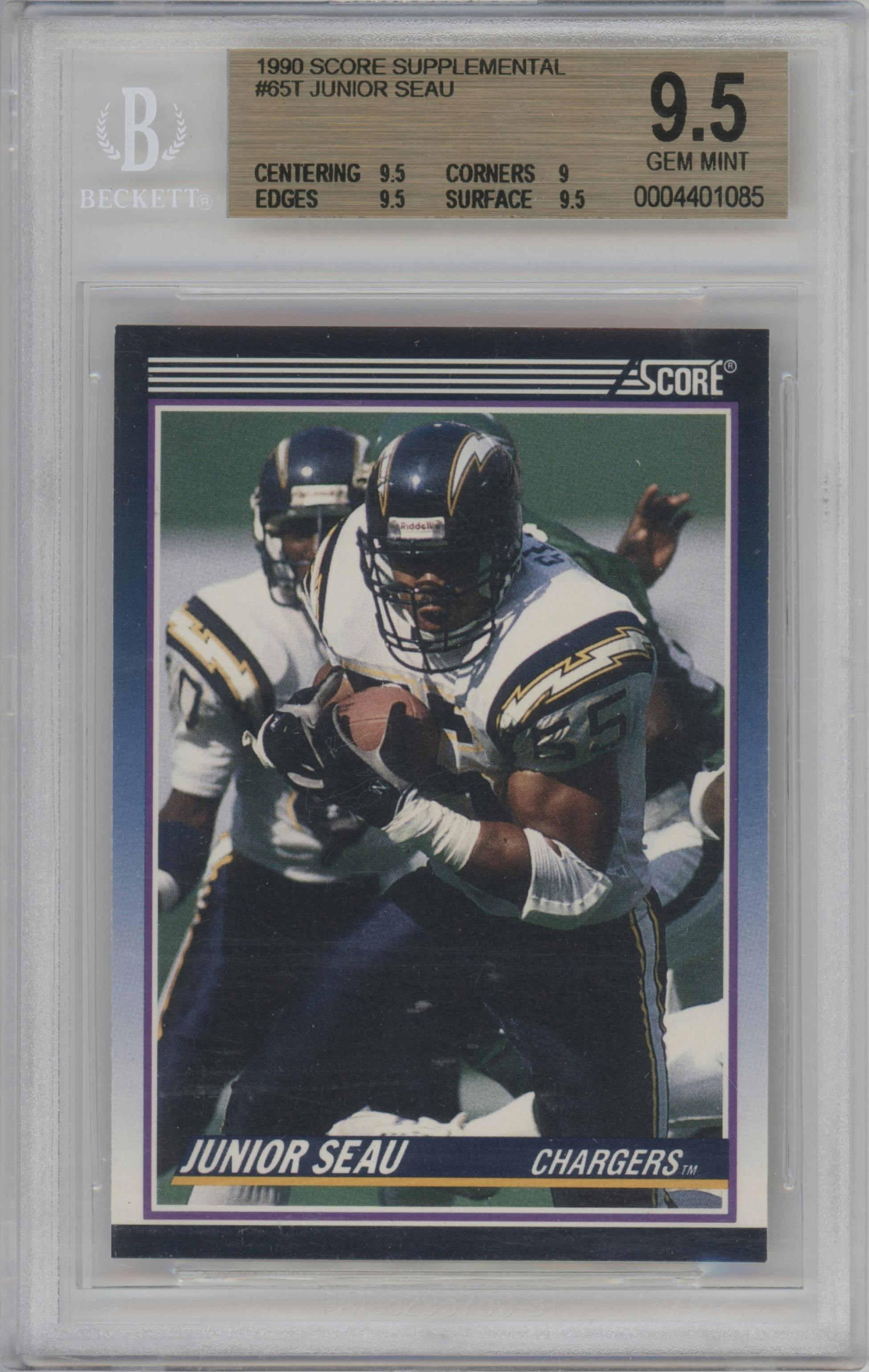 Junior Seau  from the 1990 Score set graded by Beckett and given an overall grade of 9.5.