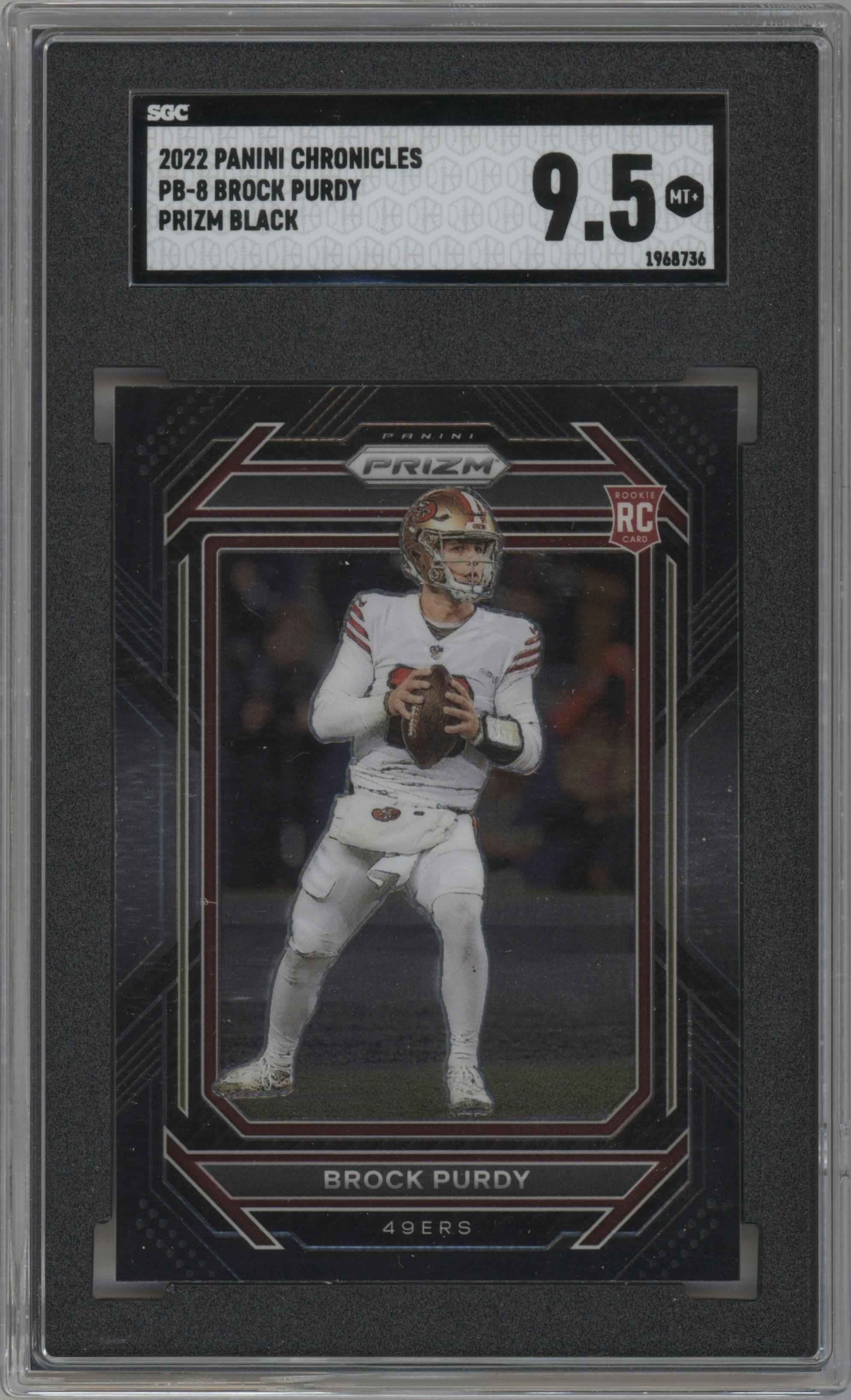 Brock Purdy from the 2022 Panini Chronicles set graded by SGC and given an overall grade of 9.5.
