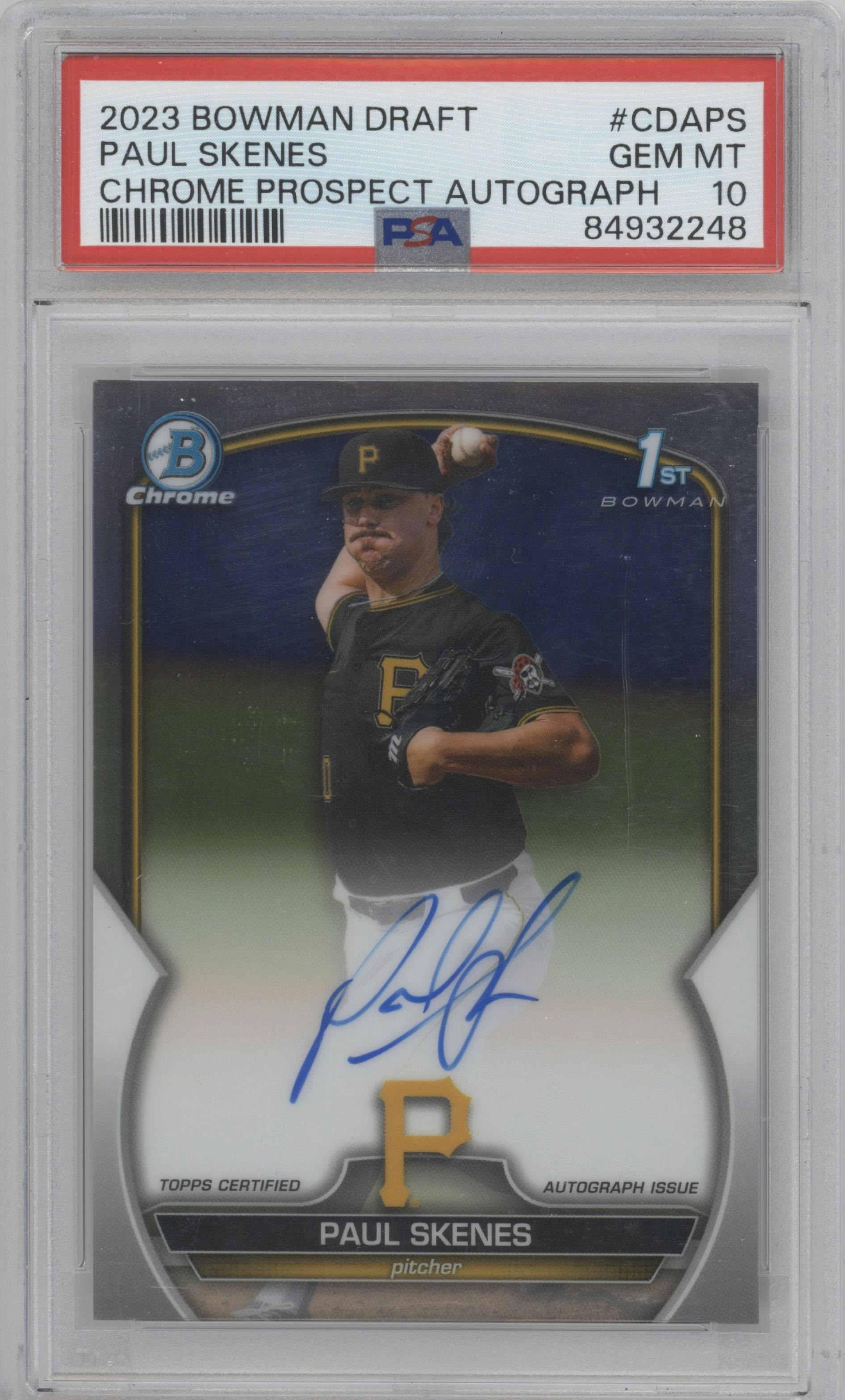 Paul Skenes from the 2023 Bowman Draft set graded by PSA and given an overall grade of 10.