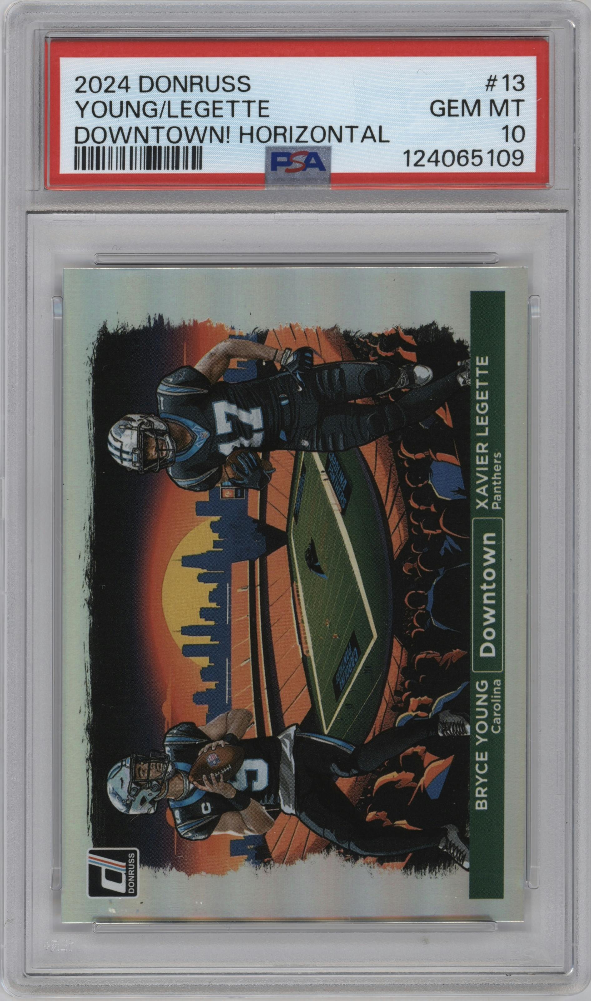 Bryce Young/Xavier Legette from the 2024 Donruss set graded by PSA and given an overall grade of 10.