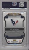 C.J. Stroud from the 2023 Panini Prizm set featuring a Purple Pulsar parallel graded by PSA and given an overall grade of 9.
