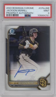 Jackson Merrill from the 2022 Bowman Chrome set graded by PSA and given an overall grade of 9.
