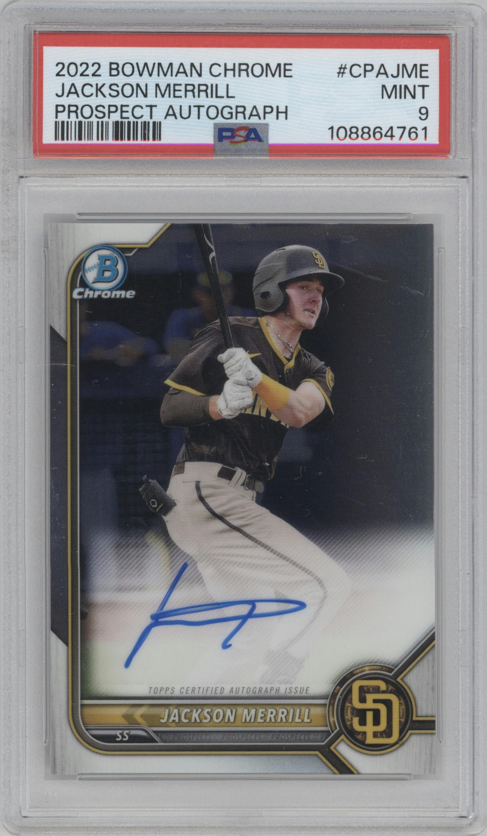 Jackson Merrill from the 2022 Bowman Chrome set graded by PSA and given an overall grade of 9.