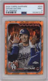 Shohei Ohtani from the 2024 Topps Chrome Sapphire set featuring a Orange parallel graded by PSA and given an overall grade of 9.
