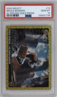 Brock Bowers from the 2024 Panini Select set featuring a Gold Prizm parallel graded by PSA and given an overall grade of 10.
