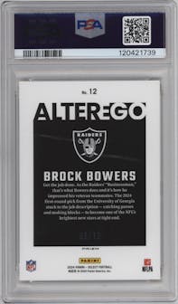 Brock Bowers from the 2024 Panini Select set featuring a Gold Prizm parallel graded by PSA and given an overall grade of 10.