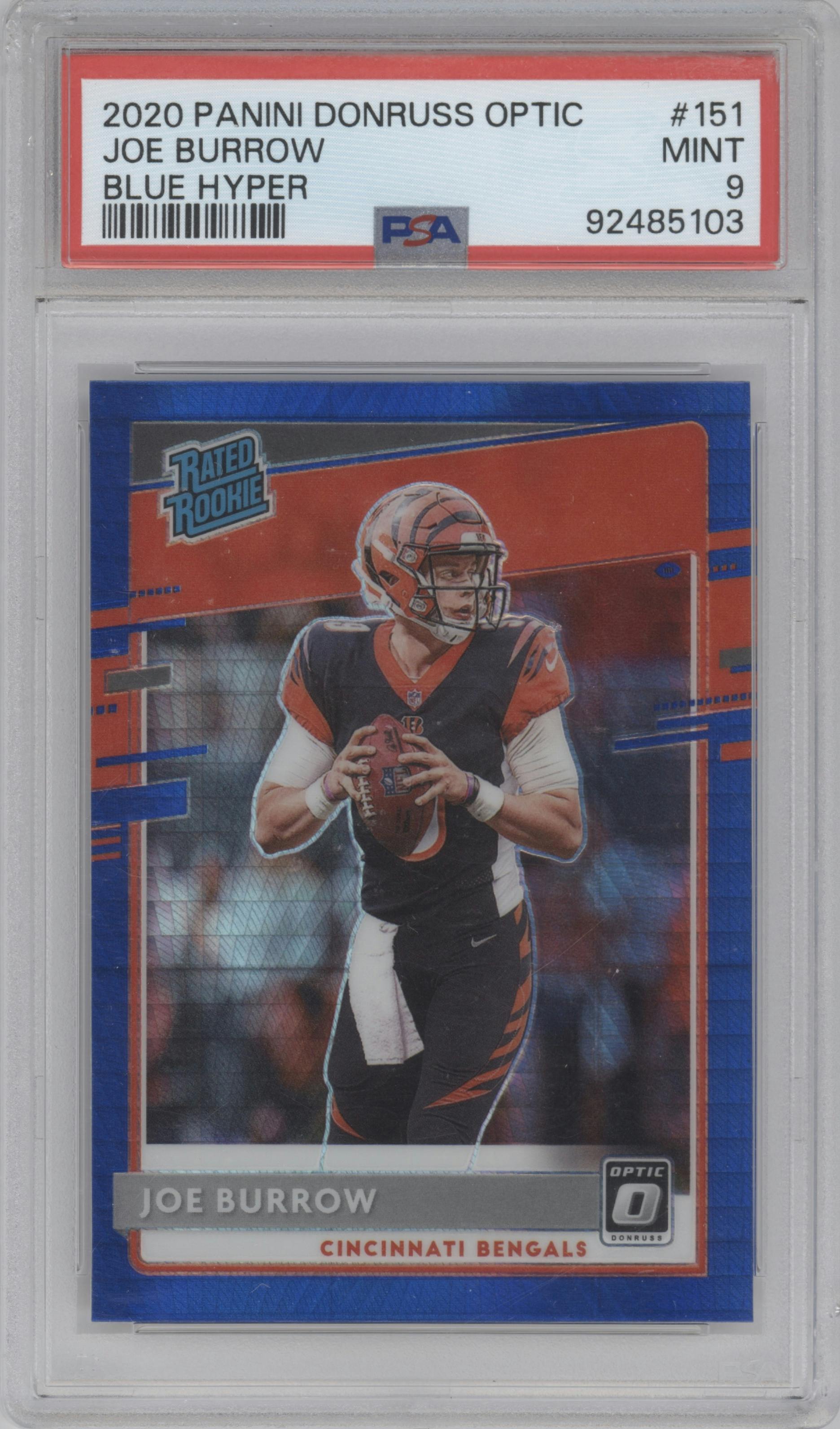 Joe Burrow from the 2020 Panini Donruss Optic set featuring a Hyper Blue  parallel graded by PSA and given an overall grade of 9.