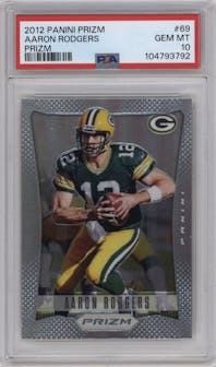 Aaron Rodgers from the 2012 Panini Prizm set featuring a Prizm parallel graded by PSA and given an overall grade of 10.