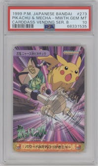 Pikachu & Mecha-Meowth from the 1999 Pokemon Bandai JPN set graded by PSA and given an overall grade of 10.
