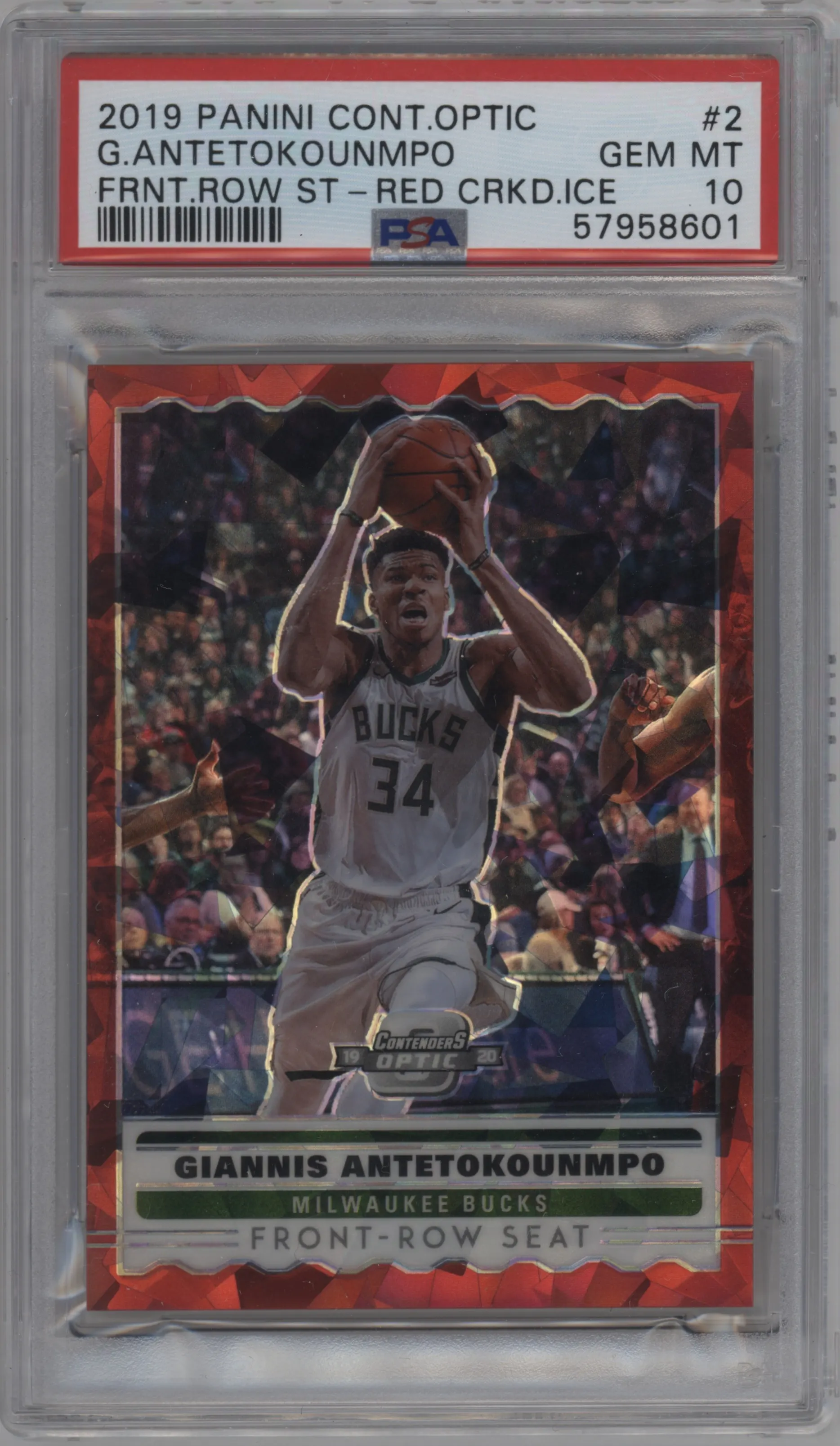 2019 Panini Contenders Optic Front Row Seat Giannis Antetokounmpo Red Cracked Ice #2 PSA 10