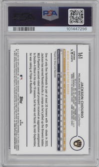 Jackson Chourio from the 2024 Topps Chrome set featuring a X-Fractor parallel graded by PSA and given an overall grade of 10.