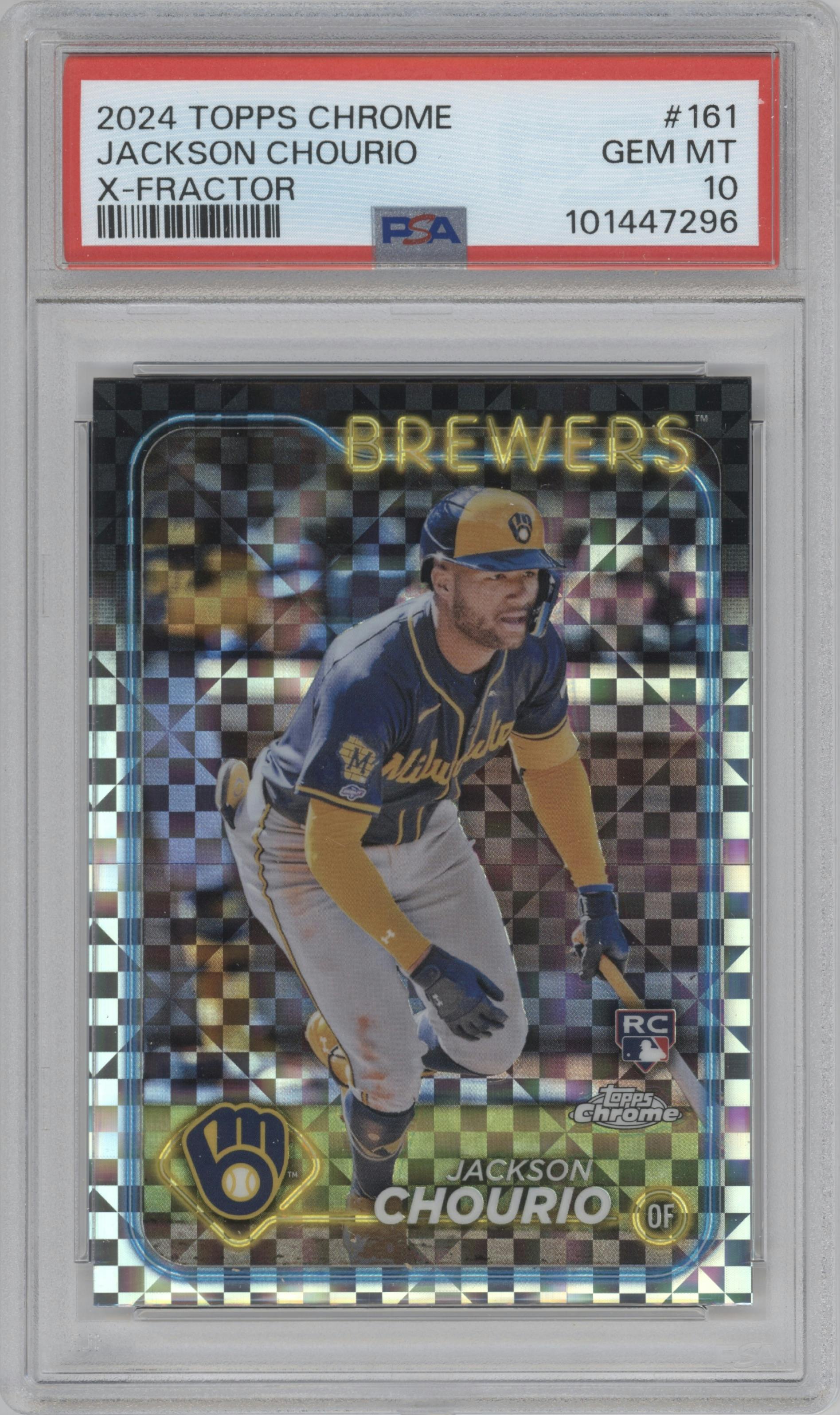 Jackson Chourio from the 2024 Topps Chrome set featuring a X-Fractor parallel graded by PSA and given an overall grade of 10.