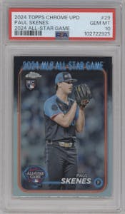 Paul Skenes from the 2024 Topps Chrome Update set graded by PSA and given an overall grade of 10.
