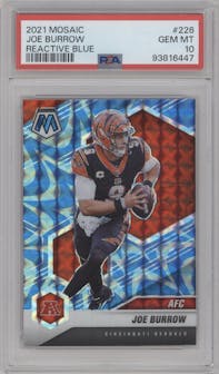 Joe Burrow from the 2021 Panini Mosaic set featuring a Reactive Blue parallel graded by PSA and given an overall grade of 10.
