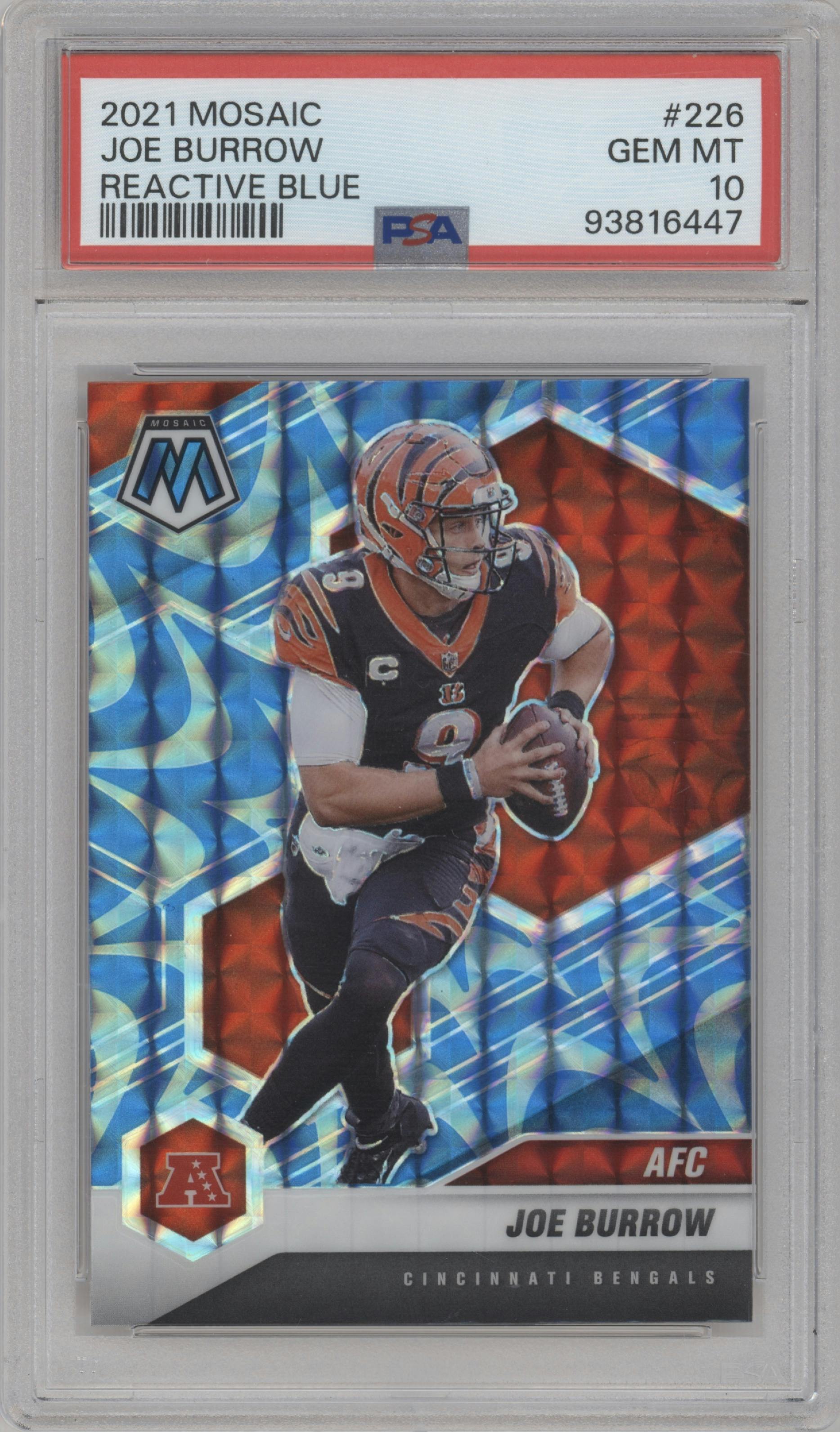 Joe Burrow from the 2021 Panini Mosaic set featuring a Reactive Blue parallel graded by PSA and given an overall grade of 10.