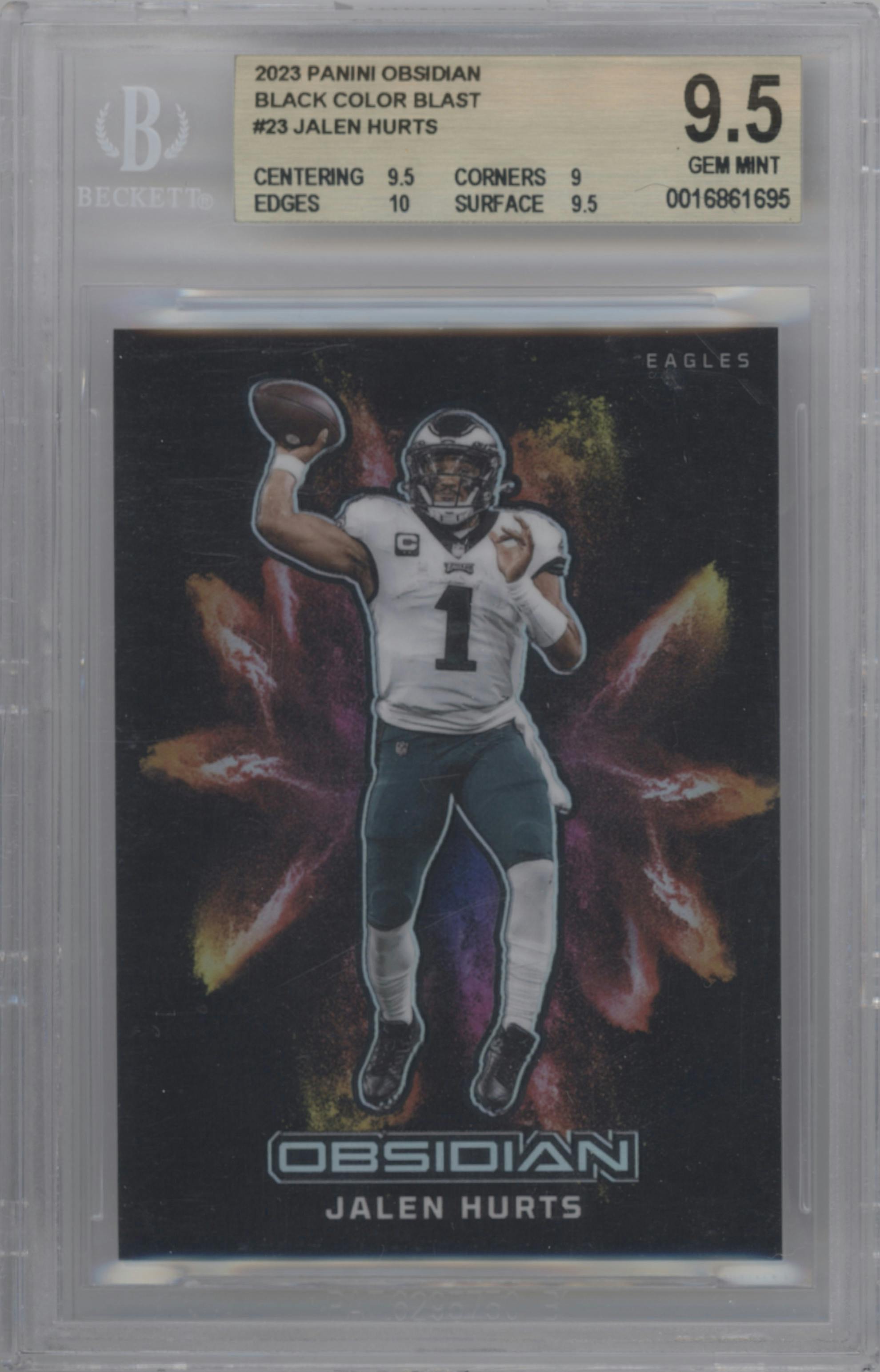 Jalen Hurts from the 2023 Panini Obsidian set graded by Beckett and given an overall grade of 9.5.