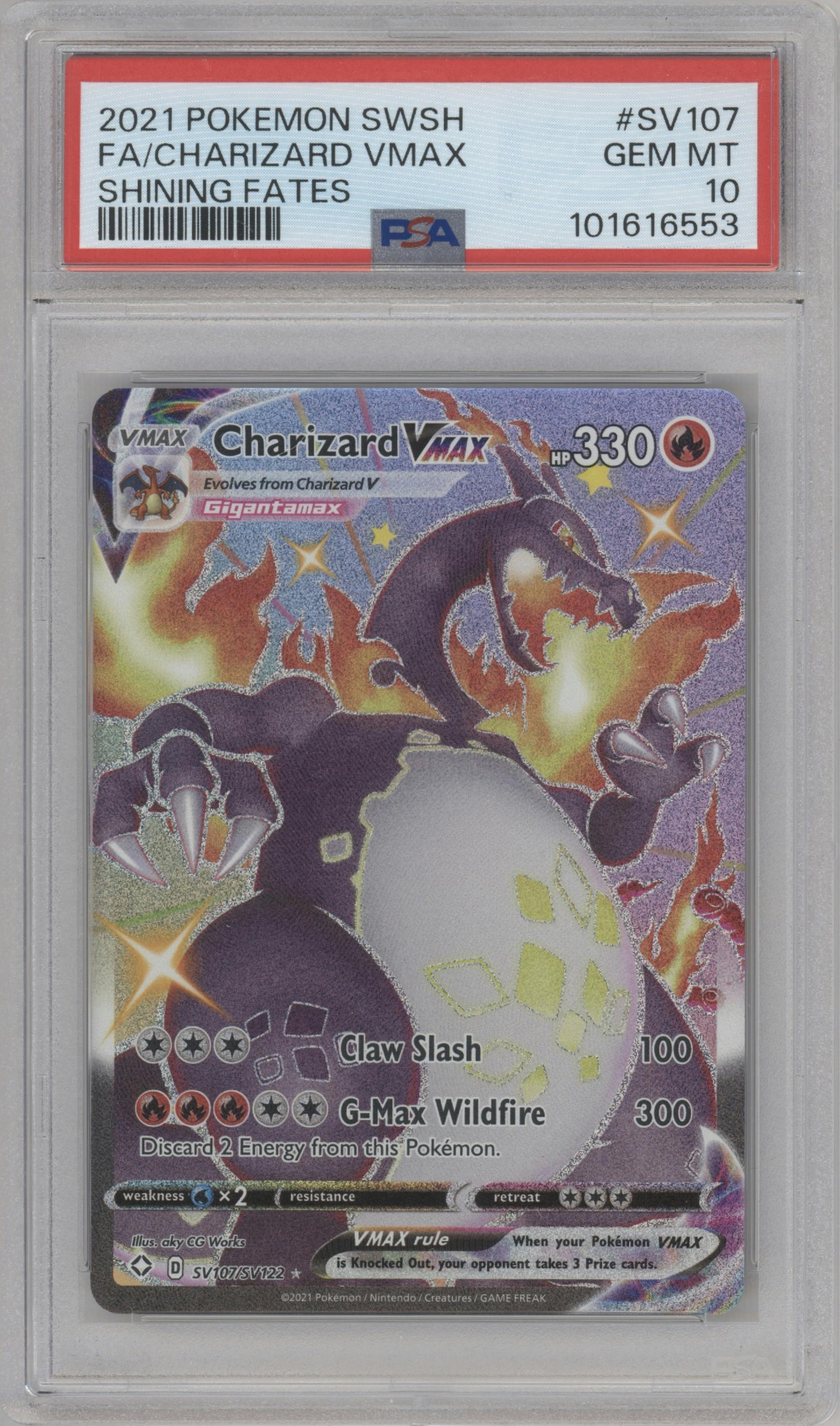 Charizard VMAX  from the 2021 Pokemon SWSH set graded by PSA and given an overall grade of 10.