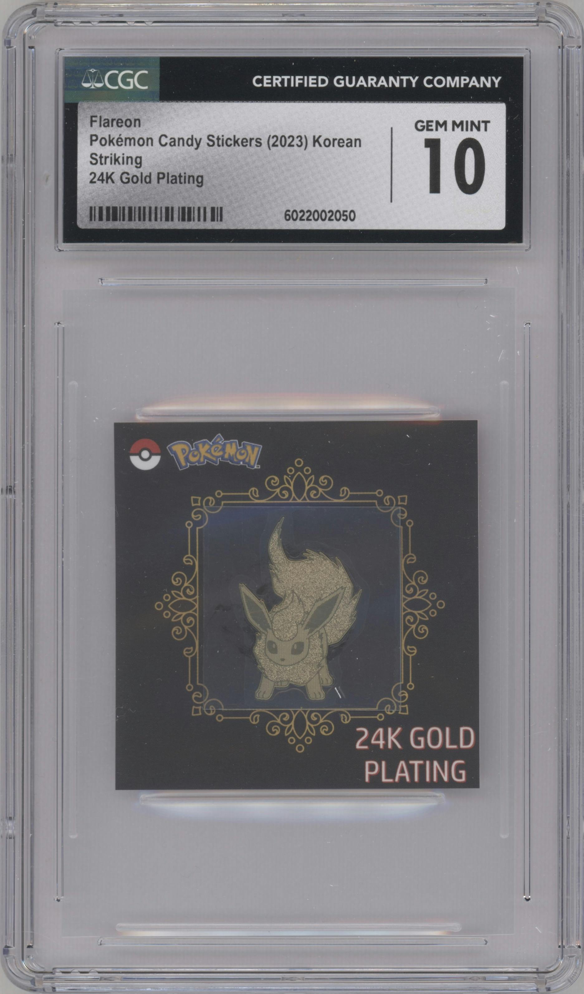 Flareon from the 2023 Pokemon Candy Stickers set graded by CSG and given an overall grade of 10.