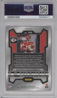 Patrick Mahomes II from the 2023 Panini Prizm set featuring a Disco parallel graded by PSA and given an overall grade of 9.