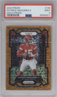Patrick Mahomes II from the 2023 Panini Prizm set featuring a Disco parallel graded by PSA and given an overall grade of 9.